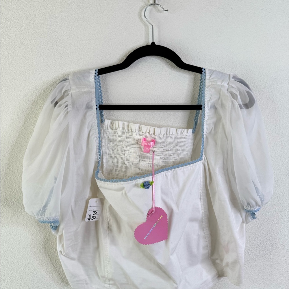 Dolls Kill White and Blue Puff Sleeve Top